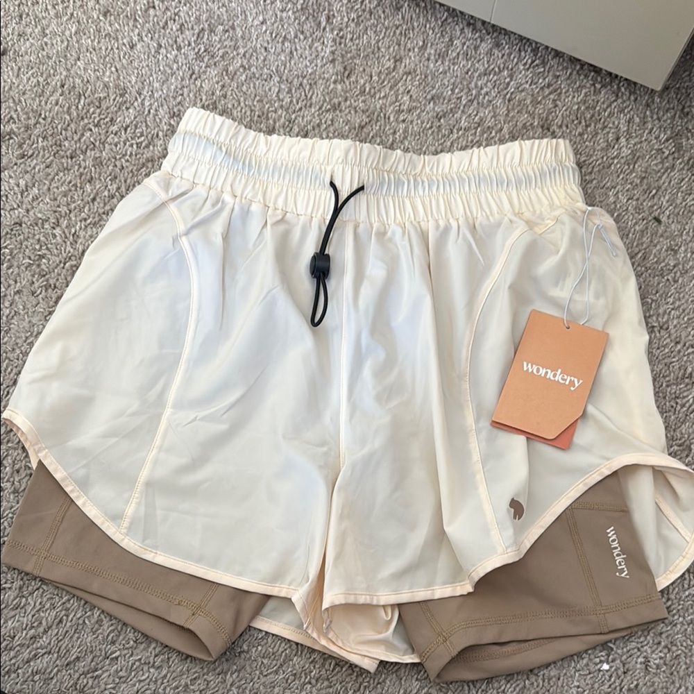 New with Tags - Wonderly Cream and Tan Athletic Shorts with Elastic Waistband